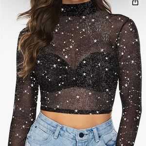 MANGOPOP Women's Long Sleeve Sheer Mesh Crop Too Blouse Shiny Large (58) NWOT